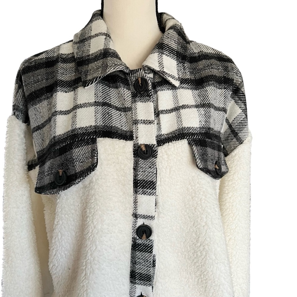 Sherpa Button Up Plaid Trim Button Waist Length S… - image 2